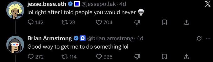 A screenshot of a Twitter exchange between Jesse Pollak (@jessepollak.eth) and Brian Armstrong (@brian_armstrong), where Jesse jokes "lol right after i told people you would never 💀" and Brian replies "Good way to get me to do something lol," highlighting the context of Coinbase's then-unannounced cbBTC launch that came shortly after Pollak claimed it wouldn't happen.