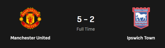 A sports graphic displays a full-time score of '5 - 2' between Manchester United and Ipswich Town, featuring their respective team crests.