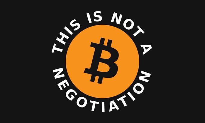 A graphic showing an orange circle with the Bitcoin symbol "₿" in the center, surrounded by white text on a black background reading "THIS IS NOT A NEGOTIATION."