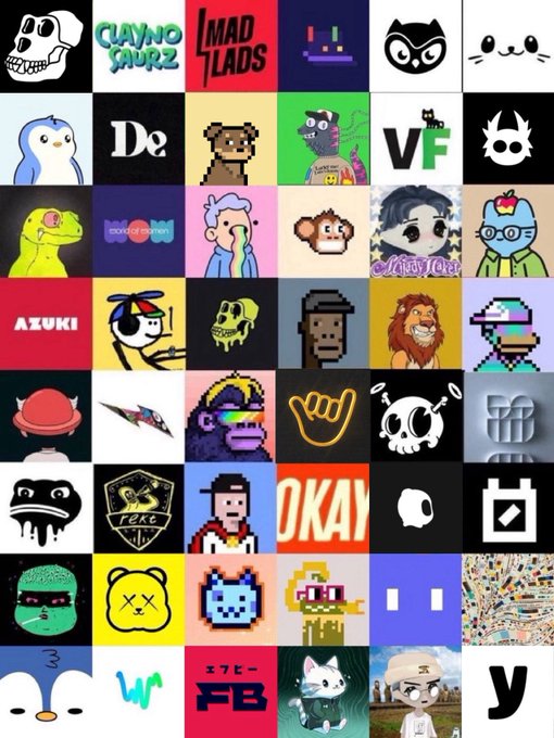 A grid collage of various colorful NFT-style avatars and logos including recognizable items like skulls, a duck, lizards, and text logos such as 'CLAYNO SAURZ', 'MAD LADS', 'De', 'AZUKI', and 'OKAY'.
