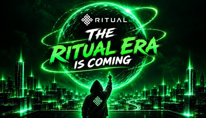 Promotional graphic with green neon aesthetics showing a hooded figure pointing up at a glowing sphere, with text reading 'RITUAL - THE RITUAL ERA IS COMING'.