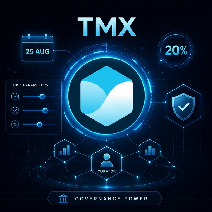 A futuristic digital interface displays 'TMX' prominently, featuring a central blue cube logo, '25 AUG' date, '20%' indicator, 'RISK PARAMETERS' panel, 'CURATOR' label, and 'GOVERNANCE POWER' banner.