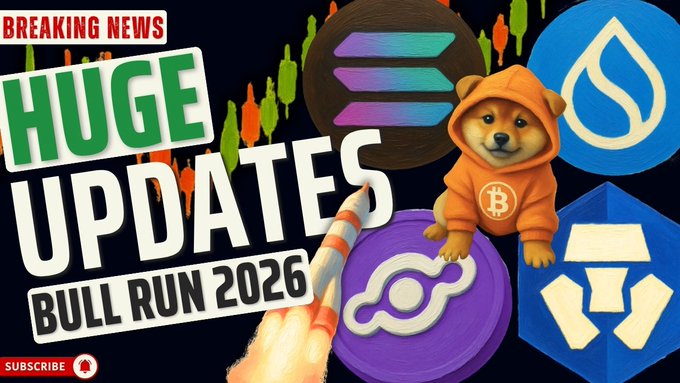 A YouTube thumbnail with 'BREAKING NEWS', 'HUGE UPDATES', and 'BULL RUN 2026' text, featuring a Shiba Inu dog in an orange Bitcoin hoodie, various cryptocurrency logos including Solana, Rocket Pool, and another coin, a candlestick chart, and a rocket ship.