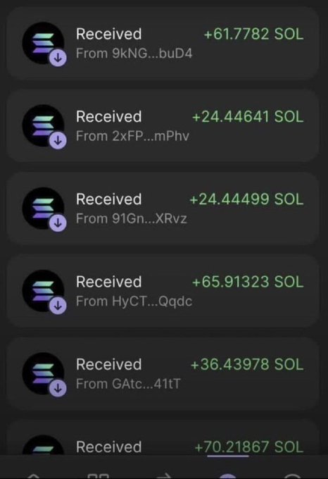 A mobile app screen displays a list of 'Received' transactions in SOL cryptocurrency from various sender addresses, showing amounts like +61.7782 SOL and +65.91323 SOL.