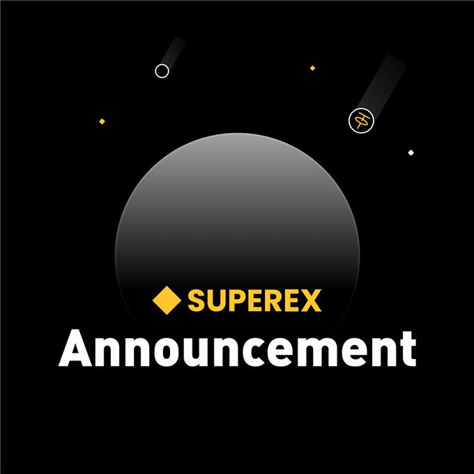 A sleek black promotional graphic features a large gradient sphere in the center with the "SUPEREX" logo in gold, accompanied by a stylized "S" emblem, above the bold white word "Announcement." Above the sphere, falling coin icons—including a USDT tether token—are illustrated against the dark background, visually representing the token contract swap mentioned in the accompanying post about the USDT contract swap on the Optimism network.
