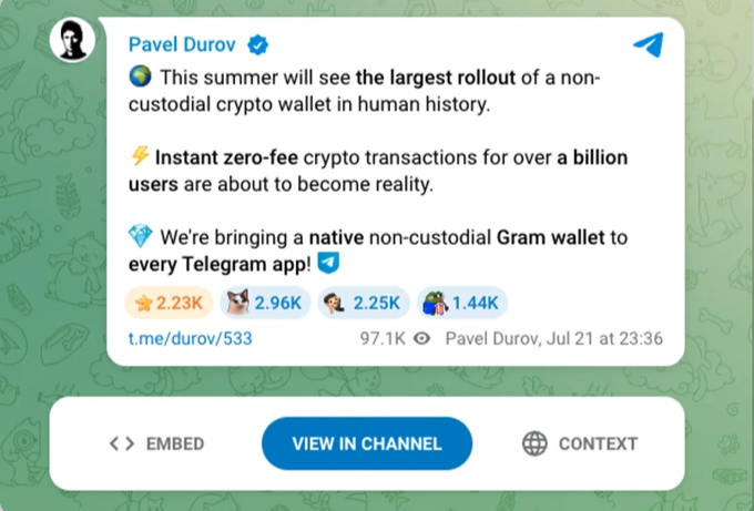 Telegram post by Pavel Durov announcing the rollout of a non-custodial crypto Gram wallet with instant zero-fee transactions for over a billion Telegram users.