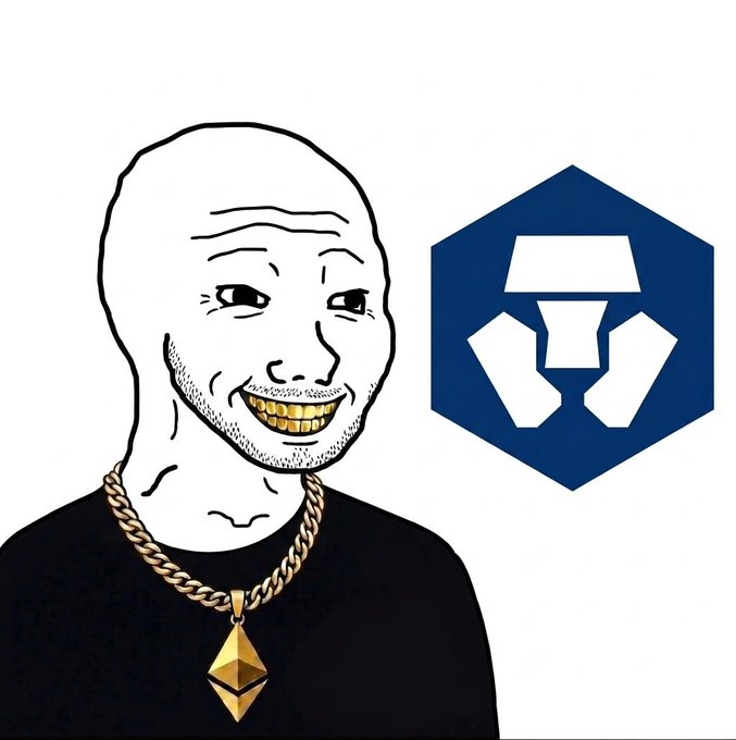 The image features a man wearing a gold chain necklace, with a blue logo of a hexagon and a white "C" symbol above him. The text in the image reads "Yo @cryptocom #binance us already listed $wojak now is your turn". This suggests that the post might be related to cryptocurrency or investing in Bitcoin, as indicated by the presence of the hexagon logo and the word "binance".