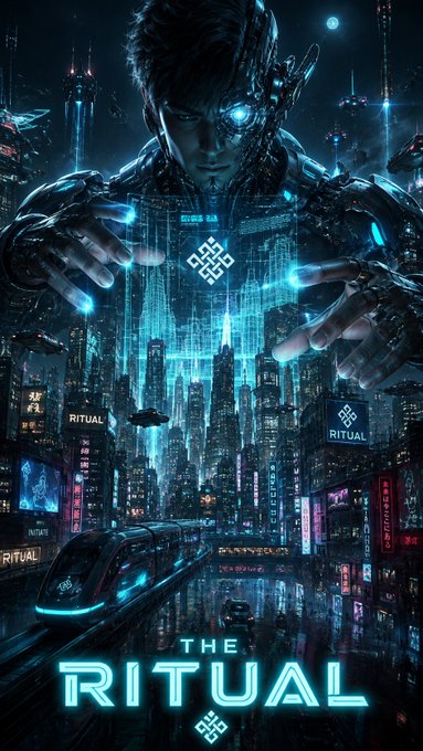 A cybernetic figure with glowing blue eyes looms over a neon-lit futuristic metropolis, manipulating holographic interfaces and projecting a glowing geometric logo above the skyline, with "THE RITUAL" emblazoned in bold text and "RITUAL" signage appearing throughout the cityscape—visually reinforcing the post's message of designing and initiating the future.