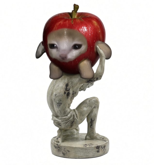 A surreal figurine of a hairless Sphynx cat wearing a red apple as a hood, emerging from a weathered stone base.