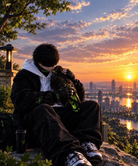 An anime-style digital illustration depicts a young man in dark clothing sitting outdoors at sunset, holding a small dark animal close to his face, with a sprawling cityscape and river visible in the background.