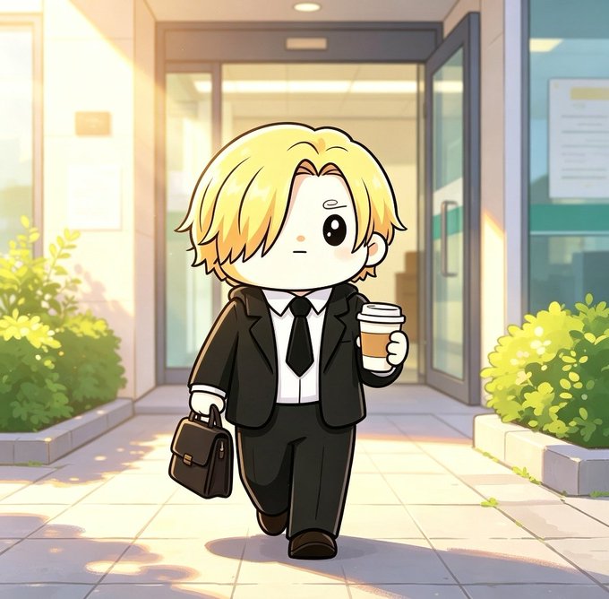 A cartoon blonde man in a business suit walks out of a building holding a coffee cup and briefcase, embodying the "GM Happy Wednesday" professional morning vibe as he heads to put capital to work through EthraShip's Harbor on Base.