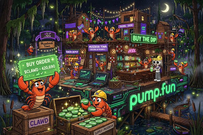 A vibrant, cartoon-style illustration depicts a nighttime swamp market scene called 'Musebook Town' by pump.fun, featuring anthropomorphic crabs, neon signs reading 'BUY THE DIP,' 'BUY ORDER $CLAWD • 420,690,' and 'TOKEN DEPOT,' and crates labeled 'CLAWD' and 'SUPPLY: MUSEBOK.'