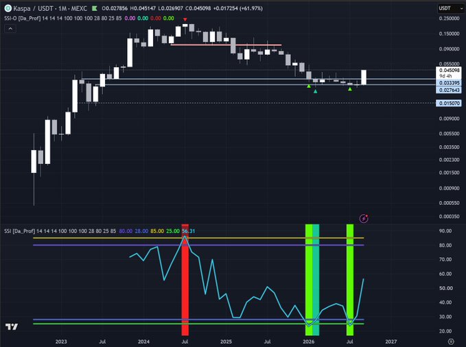 A TradingView candlestick chart for Kaspa/USDT (KAS/USDT) on MEXC showing price action from 2023 through 2027, with an RSI indicator displaying extreme overbought and oversold signals marked by red and green highlight bars.