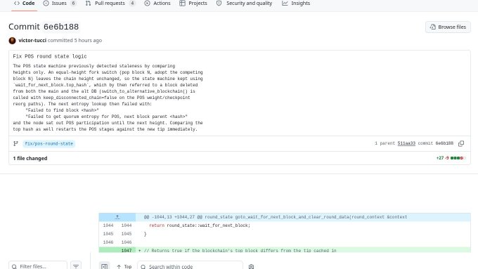 A screenshot of a GitHub commit page for commit 6e6b188 by victor-tucci, titled "Fix POS round state logic," which modifies `src/cryptonote_protocol/cryptonote_protocol_handler.inl`. The diff shows a change in the `return round_state` function, replacing `g_txPushed:wait_for_next_block_and_clear_round_data(round_context&)` with `return round_state:wait_for_next_block_and_clear_round_data`, illustrating the recent code patch referenced in the post.