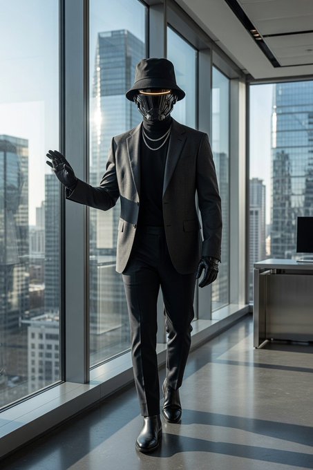 A masked figure in a black suit and bucket hat walks through a modern high-rise office with floor-to-ceiling windows overlooking a city skyline, waving to the camera. The sleek, futuristic aesthetic pairs well with a "GM CT HAPPY WEDNESDAY" greeting, adding a stylish, cyber-inspired vibe to the midweek message.