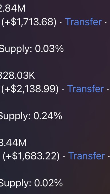 A screenshot of a dark-themed crypto dashboard showing multiple wallet balances (2.84M, 328.03K, 3.44M) with USDC supply percentages and "+$X" profits alongside "Transfer" links. The image aligns with the post's message about Cove allowing users to view a single USDC balance across multiple chains rather than switching between individual wallets.