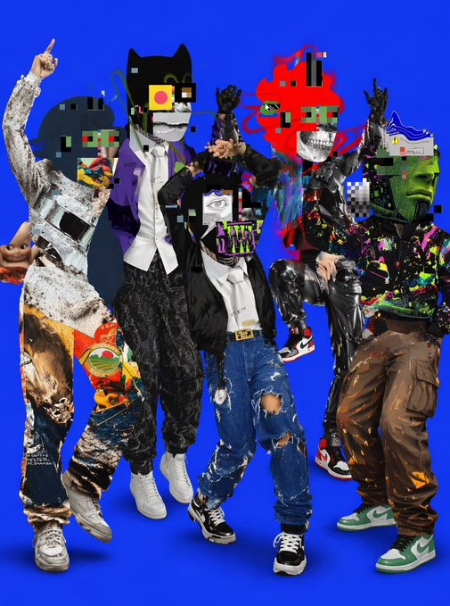 A group of figures in trendy streetwear with glitch-art, pixelated, and graffiti-style heads featuring designs like a black cat and a red flame skull, posed dynamically against a solid blue background.