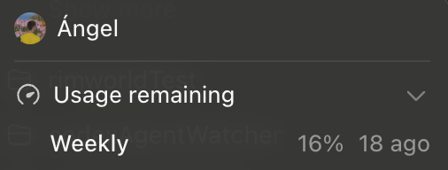 A screenshot of a "Usage remaining" panel for "Angel" shows a "Weekly" limit for CodexAgentWatcher at 16%, updated 18 hours ago. It illustrates the post's frustration about Codex usage limits resetting right when they actually needed the tool.