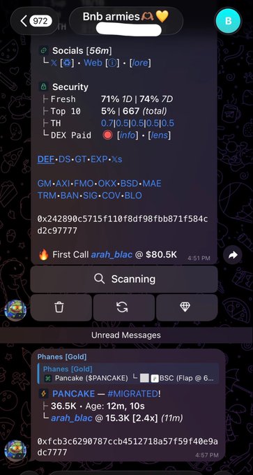 A Telegram tracker shows two token cards, including "Phanes (Gold)" labeled "PANCAKE — #MIGRATED!" with a 2.4x gain on contract 0xfcb3c6290787ccb4512718a57f59f40e9adc7777, matching the post's Pancake migration and 2.4x gain.