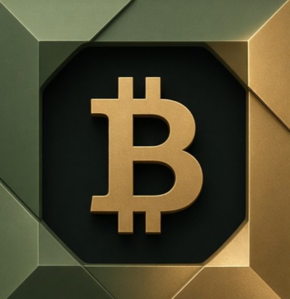 A 3D-rendered golden Bitcoin (BTC) logo centered within an octagonal dark frame against a geometric green and gold background.