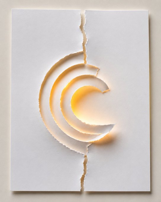 A torn piece of white paper revealing a layered, crescent moon-like shape illuminated with a warm golden glow.