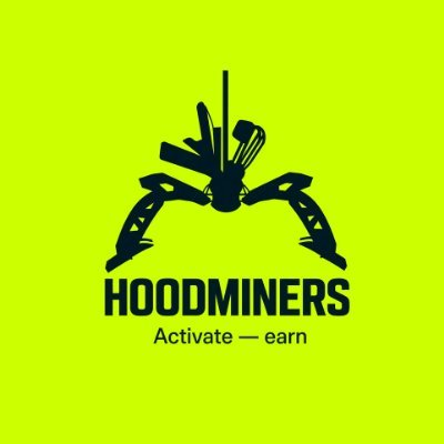 A bright yellow graphic for 'HOODMINERS' featuring a black silhouette logo of a stylized character with weapons and the tagline 'Activate — earn'.