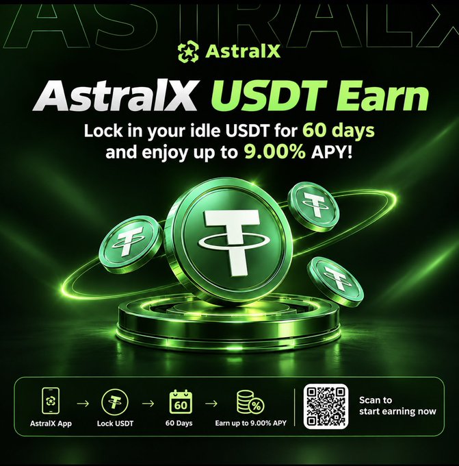 An advertisement for 'AstralX USDT Earn' offering up to 9.00% APY for locking USDT for 60 days, complete with a QR code.