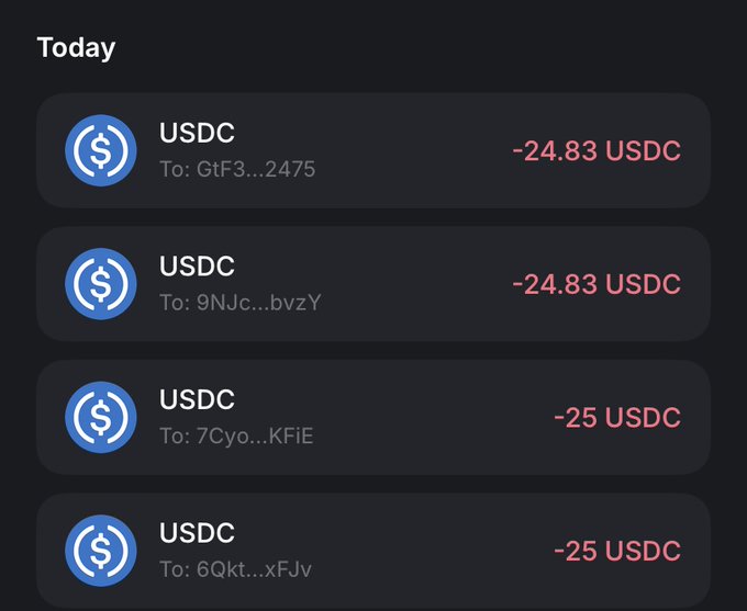 A crypto transaction history shows four USDC outgoing transfers today totaling approximately $99.66 to addresses GtF3...2475 (-24.83), 9NJc...bvzY (-24.83), 7Cyo...KFIE (-25), and 6Qkt...xFJv (-25), serving as proof of $100 in payouts being distributed to giveaway winners.