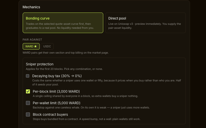 A dark-themed app interface showing 'Mechanics' settings with 'Bonding curve' selected over 'Direct pool', pairing against 'WARD / USDC', and 'Per-block limit (3,000 WARD)' sniper protection enabled.