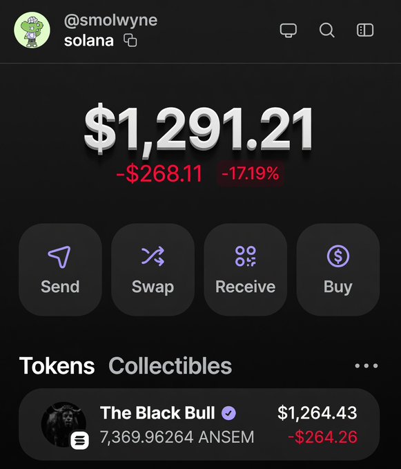A screenshot of a Phantom wallet shows a Solana account (@smolwyne) with a balance of $1,291.21, having received a "The Black Bull" collectible transfer of 7,369.96264 $ANSEM tokens (valued at $1,264.43), illustrating the airdrop reward referenced in the post.