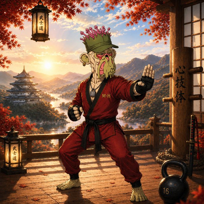 An illustrated zombie-like character in a red martial arts gi with a black belt and a spiked crown practices karate on a wooden deck overlooking a Japanese castle, with red lanterns displaying "武士道" and a training post labeled "心技体".