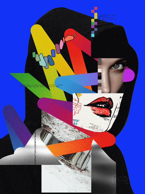 A glitchy, collage-style digital portrait of a hooded figure set against a vivid blue background, featuring fragmented elements like a single eye, red lips, and scattered colorful shapes that evoke a rave or cyberpunk aesthetic, tying in with the post's celebration of obtaining a R3ORDR hoodie for under 1 ETH.
