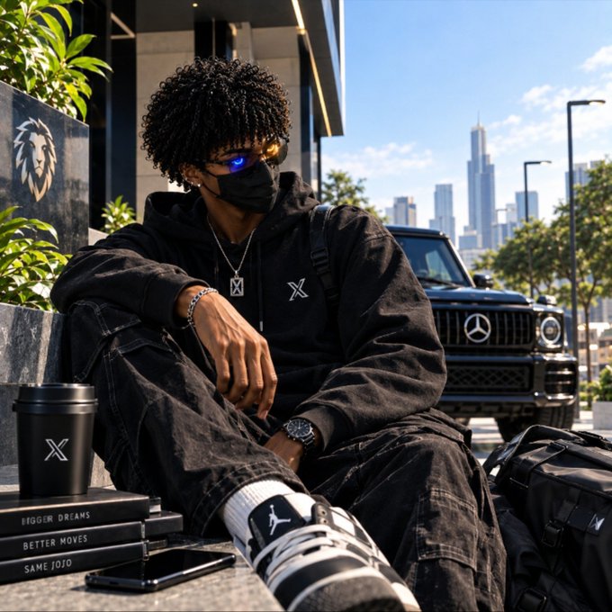 A stylized image of a young man wearing a black hoodie with X logos, sunglasses, and a face mask, sitting in front of a Mercedes SUV with a city skyline in the background.