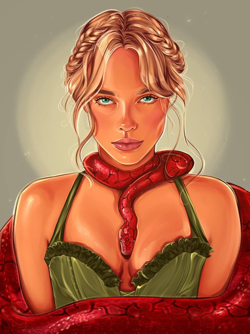 A digital illustration of a blonde woman with braided hair and green eyes, wearing a green corset, with a large red snake coiled around her neck and shoulders.