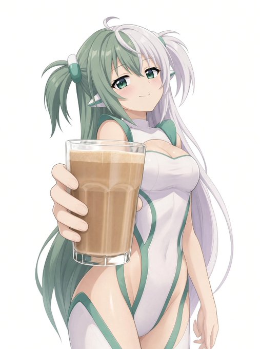 An anime-style illustration of a green and white-haired girl in a white and green outfit, holding out a glass of iced coffee.