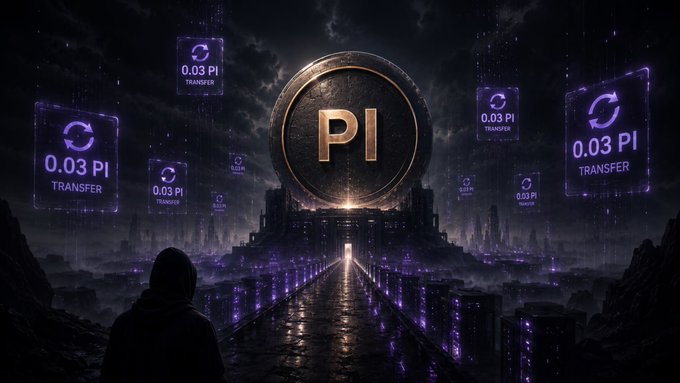 A dark, atmospheric digital artwork featuring a large 'PI' coin in the center with multiple floating holographic panels displaying '0.03 PI TRANSFER,' suggesting a Pi Network-themed transaction scene.