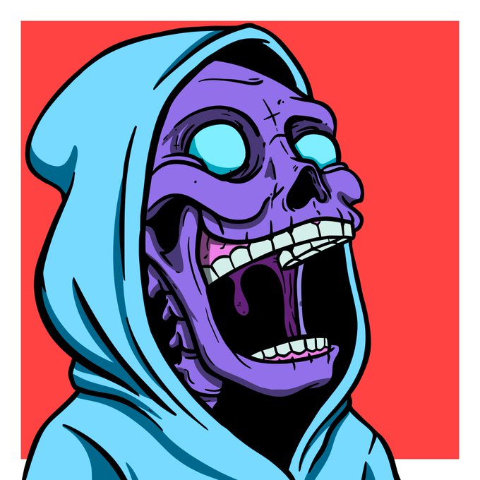 A digital illustration of a purple skeleton wearing a light blue hoodie with its mouth wide open, set against a red background.