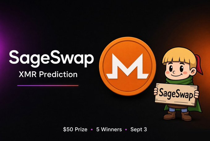 Promotional graphic for a SageSwap XMR Price Prediction contest, featuring the orange Monero (XMR) logo, a cartoon character holding a "SageSwap" sign, and text highlighting a $50 prize for 5 winners, with entries due by Sept 3.