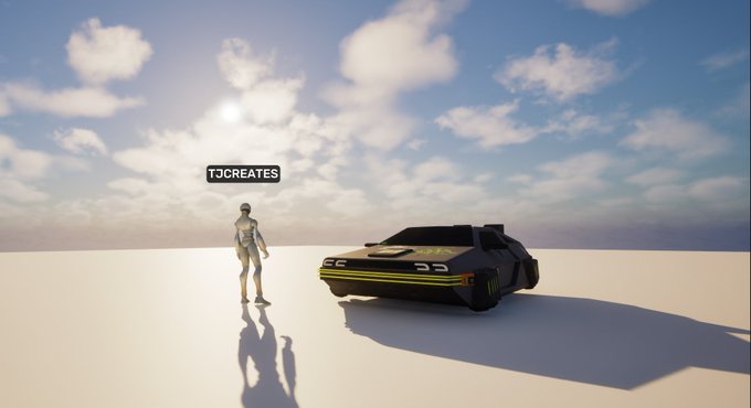 A 3D-rendered scene showing a mannequin character with a 'TJCREATES' tag standing next to a futuristic black car with yellow accents on a white plain under a cloudy sky.