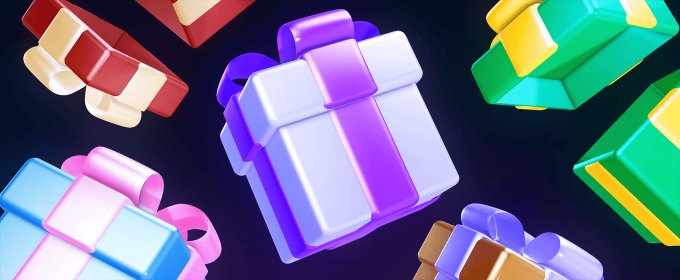 A 3D rendering of colorful gift boxes with ribbons in purple, red, green, blue, and brown on a dark background.
