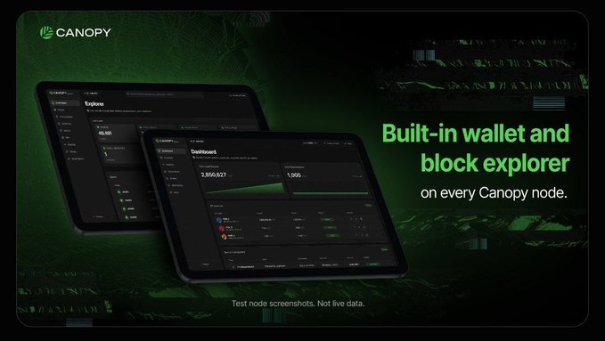 Promotional graphic for 'CANOPY' featuring tablet screenshots of a dashboard and explorer, advertising a 'Built-in wallet and block explorer on every Canopy node.'