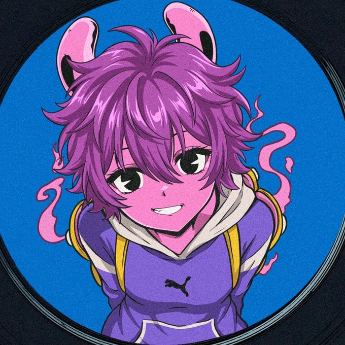 An anime-style illustration of a character with purple hair, pink skin, and pink bunny-like ears, wearing a purple Puma hoodie against a blue background.