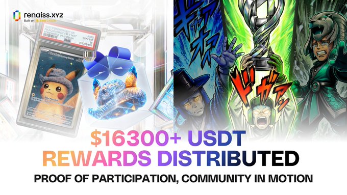 A promotional graphic from renaiss.xyz announces over $16,300+ USDT in rewards distributed, featuring a PSA-graded Pokémon card (Eevee) and anime-style artwork with the tagline "Proof of Participation, Community in Motion," tying into the post's call to check wallets and join their AMA.