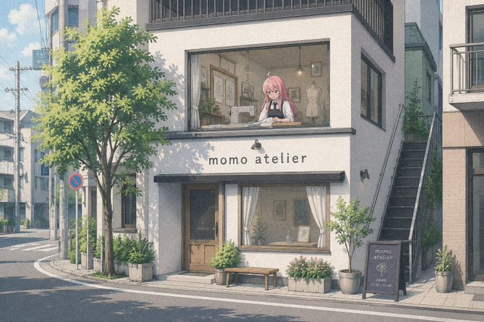 A charming anime-style illustration depicts a two-story white boutique named "momo atelier," with a pink-haired shopkeeper visible through the second-floor window beside a sewing machine and dress form, fitting perfectly with the post's announcement of a new NFT drop.