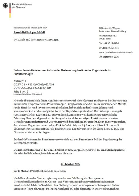 The image shows an official letter from Germany's Federal Ministry of Finance (Bundesministerium der Finanzen), dated September 30, 2026, addressed to Anette Wagner, outlining a draft law to reform taxation of certain cryptocurrencies in private assets. The post relates to this letter by highlighting the urgency for bitcoin holders, as the proposed reform would impose a uniform 30% capital gains tax on crypto profits for amounts over €2,500, effective January 1, 2027, giving Germans until October 14, 2026, to submit feedback before the cabinet decision.
