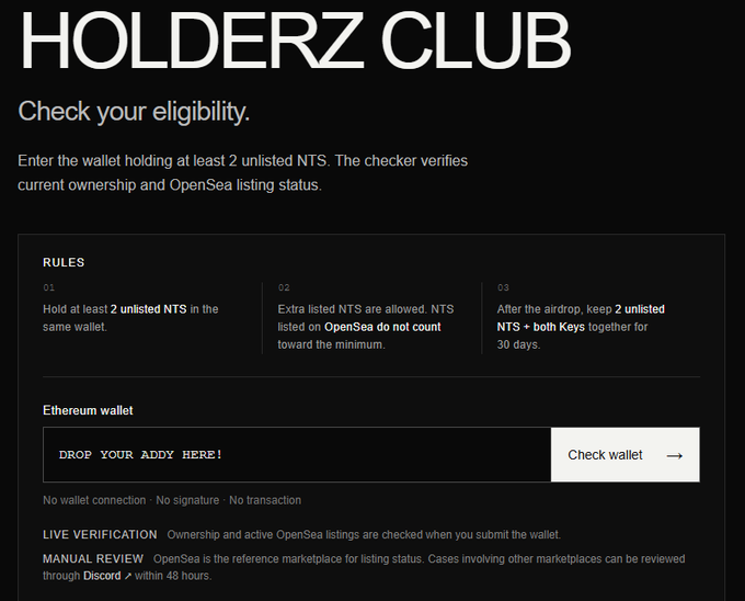 A webpage titled 'HOLDERZ CLUB' invites users to 'Check your eligibility' for an airdrop by entering an Ethereum wallet holding at least 2 unlisted NT5 NFTs.