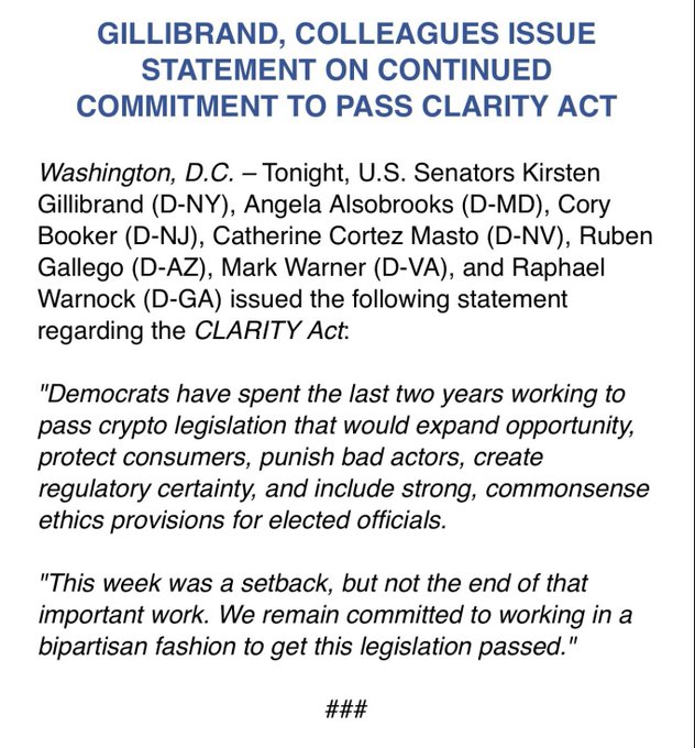 A press release titled 'GILLIBRAND, COLLEAGUES ISSUE STATEMENT ON CONTINUED COMMITMENT TO PASS CLARITY ACT,' quoting Democratic senators including Kirsten Gillibrand, Cory Booker, and Mark Warner on bipartisan crypto legislation efforts.