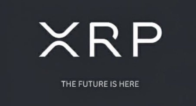 The XRP cryptocurrency logo is displayed in white text on a dark background, accompanied by the tagline "THE FUTURE IS HERE."