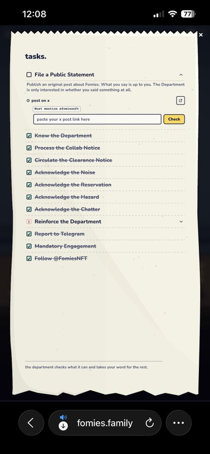 Screenshot of a webpage displaying a "tasks." list with checkboxes for various items like "File a Public Statement" and "Follow @FomiesNFT", with an input field for an X post link.
