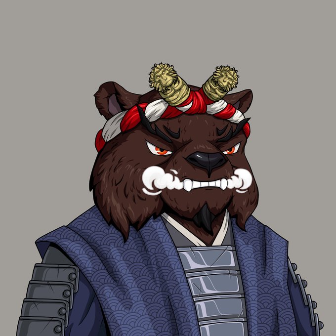 A digital illustration of an anthropomorphic brown bear wearing samurai armor with blue scale-pattern robes, a red and white headband, and golden horns, featuring an angry expression with bared teeth.